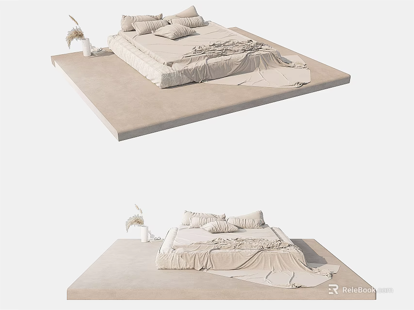 Minimalist Double Bed Interior Design With Soft Bedding Pillows And Decorative Plant 3d model