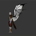 Winged Bald Character With White Black Wings In Brown Blue Outfit On Platform With Reflection
