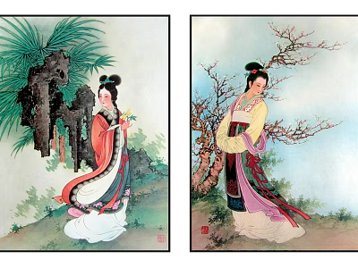 Elegant Ancient Chinese Ladies In Traditional Costumes With Palm Leaves And Tree Branches 3d model