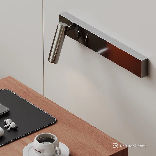 Sleek Modern Metal Wall Lamp Above Wooden Desk With Black Leather Pad And Illuminating Workspace 3d model 