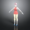 3D Character Model With Pink Hair Red Sleeveless Top Beige Pants And Blue Shoes