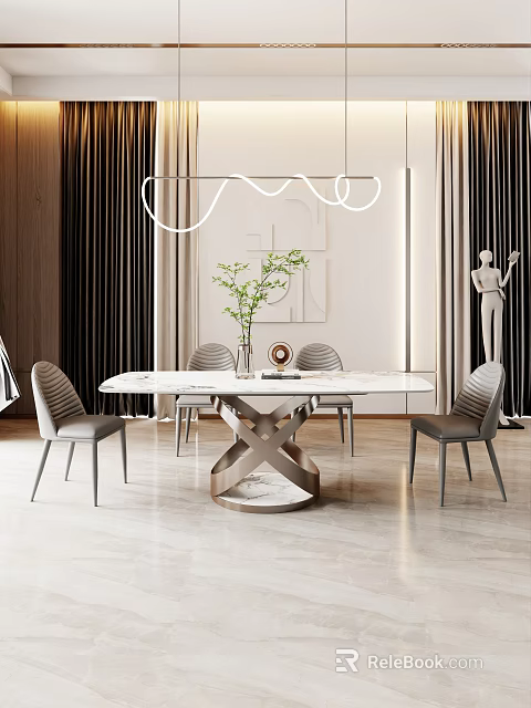 Modern Dining Table Set With Marble Top Gray Chairs Green Plant And Pendant Light 3d model 