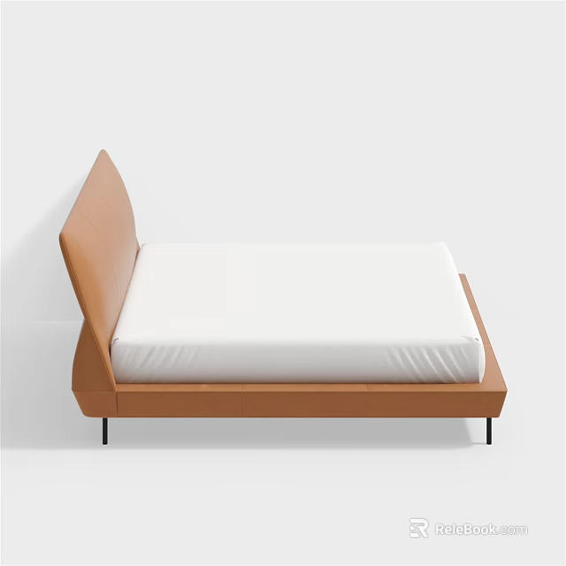 Modern Double Bed With Brown Headboard White Mattress And Thin Black Legs 3d model 