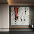 Abstract Painting with Red Vertical Strokes Black Lines and White Background Texture in Modern Interior