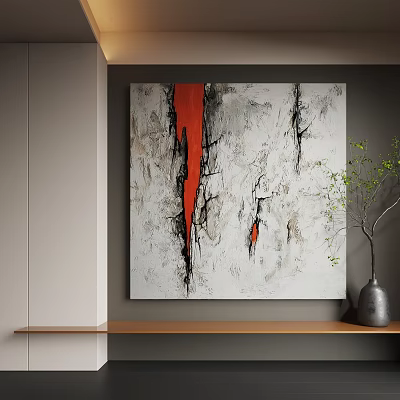 Abstract Painting with Red Vertical Strokes Black Lines and White Background Texture in Modern Interior 3d model