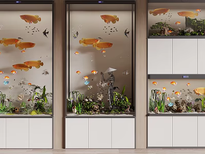Modern Aquarium Fish Tanks With Colorful Fish Aquatic Plants And Cabinets 3d model