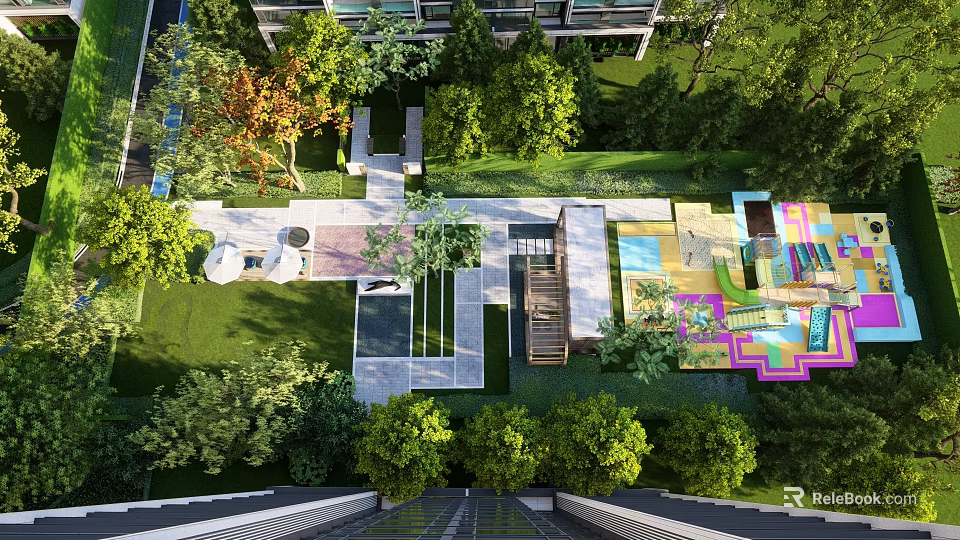 Colorful Children's Play Area In Community With Green Lawns Trees And Playground Equipment 3d model 