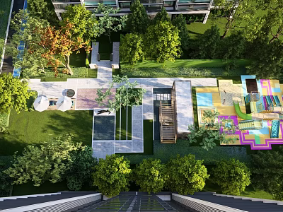 Colorful Children's Play Area In Community With Green Lawns Trees And Playground Equipment 3d model