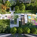 Colorful Children's Play Area In Community With Green Lawns Trees And Playground Equipment
