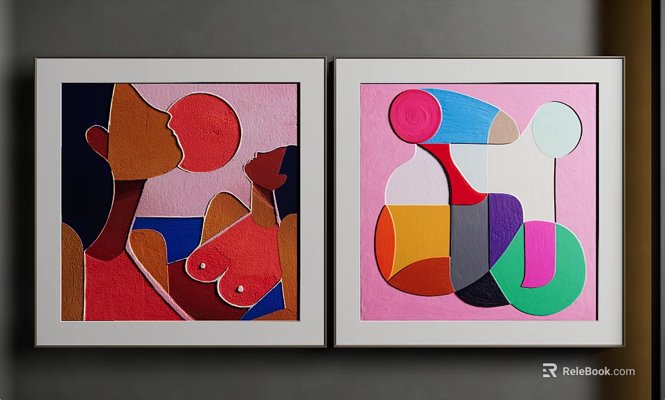 Two Framed Abstract Paintings Featuring Vibrant Colors Geometric Shapes and Figurative Outlines 3d model 