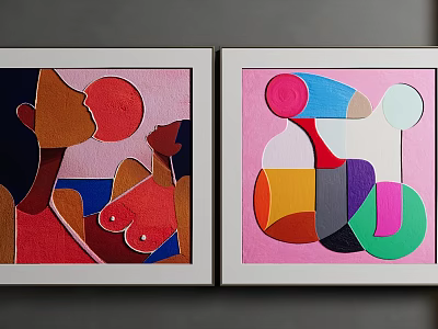 Two Framed Abstract Paintings Featuring Vibrant Colors Geometric Shapes and Figurative Outlines 3d model