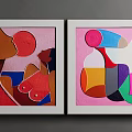 Two Framed Abstract Paintings Featuring Vibrant Colors Geometric Shapes and Figurative Outlines