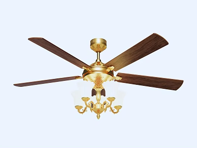 Classic Ceiling Fan With Wooden Blades And Golden Chandelier Lighting Design 3d model