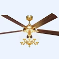 Classic Ceiling Fan With Wooden Blades And Golden Chandelier Lighting Design