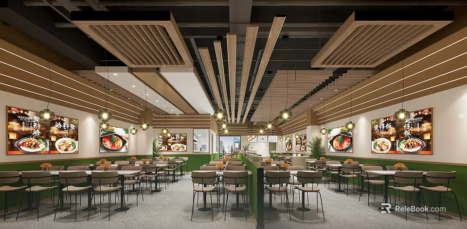 Modern Restaurant Interior Design With Wooden Ceiling Pendant Lights Wall Art And Dining Chairs 3d model 