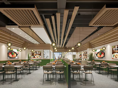 Modern Restaurant Interior Design With Wooden Ceiling Pendant Lights Wall Art And Dining Chairs 3d model