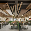 Modern Restaurant Interior Design With Wooden Ceiling Pendant Lights Wall Art And Dining Chairs