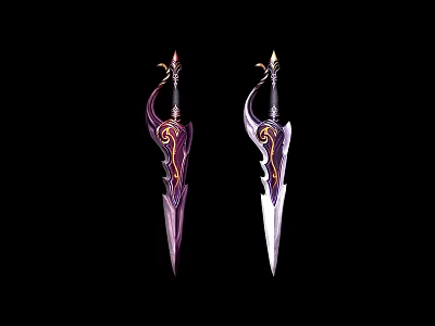 Ornate Fantasy Style Daggers With Purple And White Blades Golden Accents And Intricate Engravings 3d model