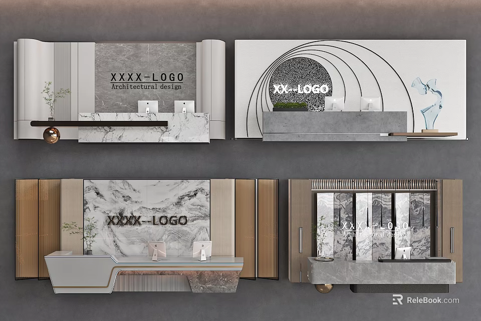 Elegant Modern Front Desk Backdrop Design With Marble Brand Logo Geometric Lines And Decor 3d model 