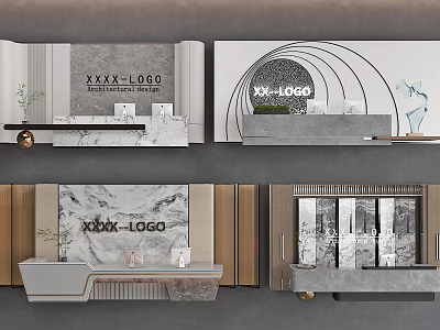 Elegant Modern Front Desk Backdrop Design With Marble Brand Logo Geometric Lines And Decor 3d model