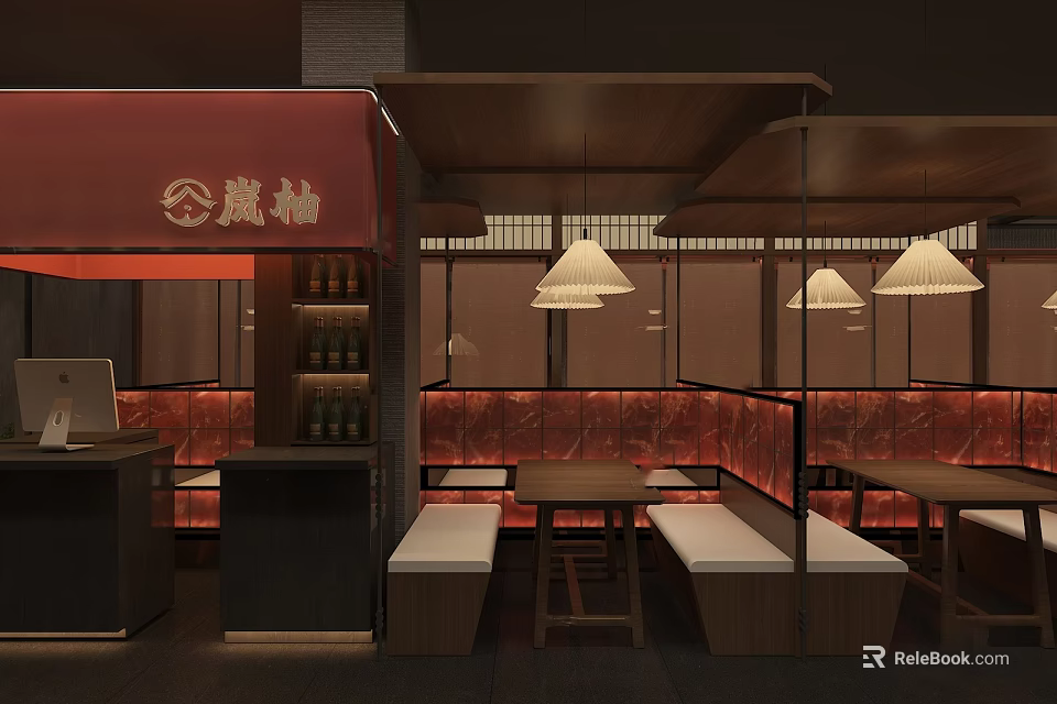 Japanese Restaurant Interior With Red Awning Wooden Structure Lantern Pendant Lights And Booth Seating 3d model 