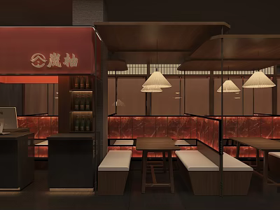 Japanese Restaurant Interior With Red Awning Wooden Structure Lantern Pendant Lights And Booth Seating 3d model