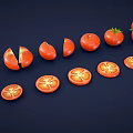 Fresh Tomatoes Whole With Green Stems And Sliced Arranged In A Row On Dark Background