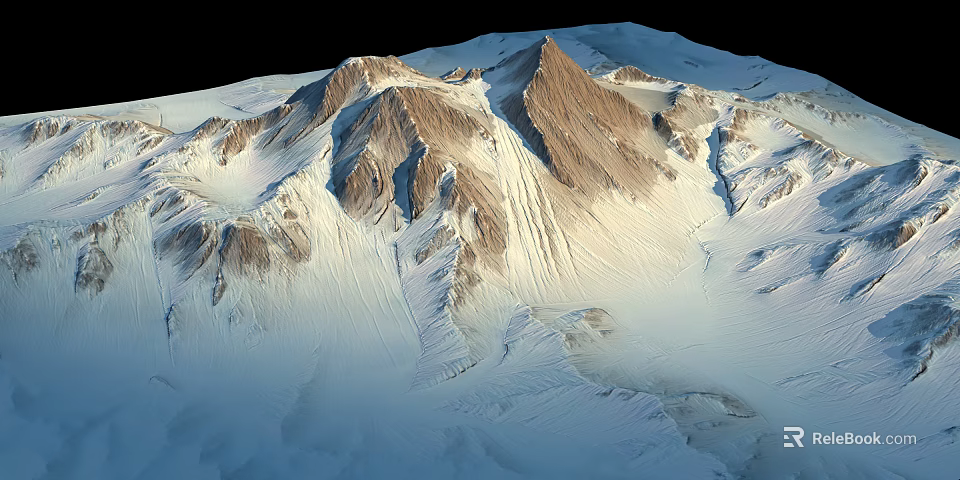 Snow Covered Mountain Landscape With Rocky Peaks And Glacial Snow Traces 3d model 