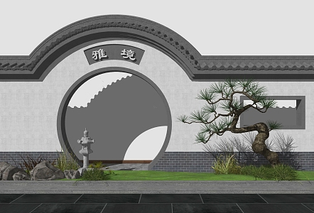 New Chinese style fence courtyard landscape sketch moon door pine 3d model