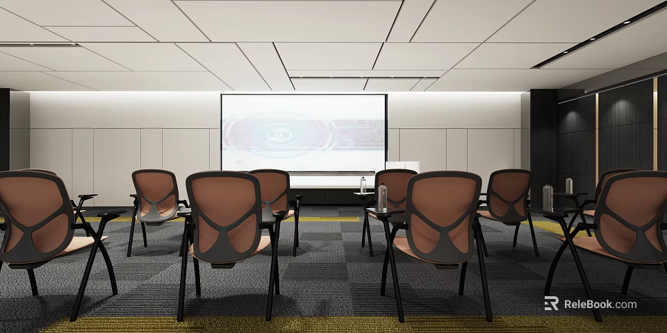 Modern Conference Room Interior With Projection Screen And Comfortable Chairs 3d model
