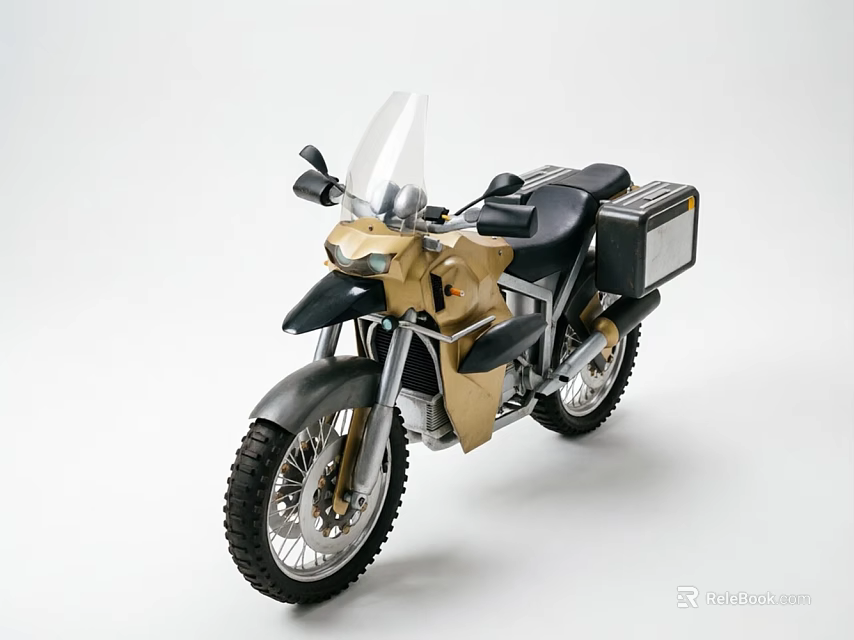 Gold And Black Adventure Motorcycle With Windshield Rear Storage Box And Off Road Tires 3d model 