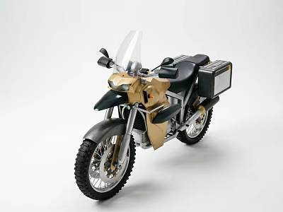 Gold And Black Adventure Motorcycle With Windshield Rear Storage Box And Off Road Tires 3d model