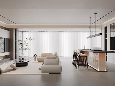 Modern Living Dining Room Interior Design With Beige Sofa TV Wall Bar Counter And Blinds 3d model