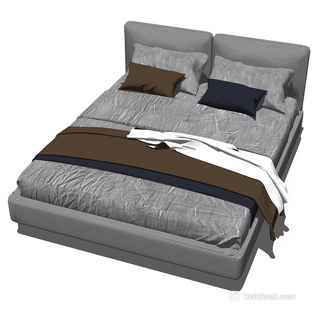 Modern Double Bed Interior with Gray Sheets Brown Navy Blue Pillows and Blanket 3d model