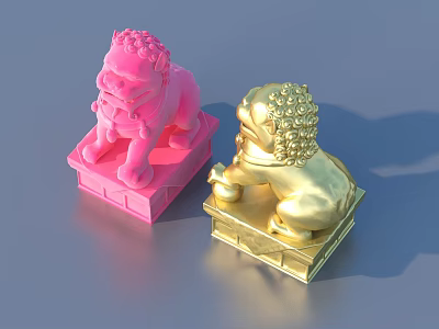 Exquisite Lion Sculpture Carving Featuring Pink And Golden Statues On Pedestals 3d model