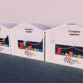 Three White Creative Market Pavilions With Colorful Items In Windows
