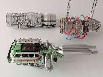 Detailed Mechanical Engine With Green Body Metal Pipes Chains And Components 3d model