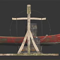 Vintage Wooden Boat Displayed Under Wooden Frame With Barrels And Pallets
