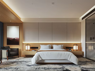 Modern Hotel Guest Room with King Bed Nightstands Table Lamps Wall Paneling and Area Rug 3d model