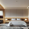Modern Hotel Guest Room with King Bed Nightstands Table Lamps Wall Paneling and Area Rug