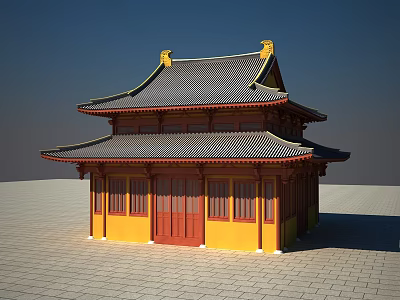 Double Storey Traditional Chinese Ancient Architecture With Yellow Walls Red Doors And Curved Gray Roof 3d model