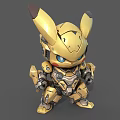 Two Gray and Gold Mechanical Pikachu Inspired Robot Figures With Detailed Armor