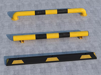 Yellow And Black Striped Road Safety Barriers And Wheel Stops On Concrete Surface 3d model