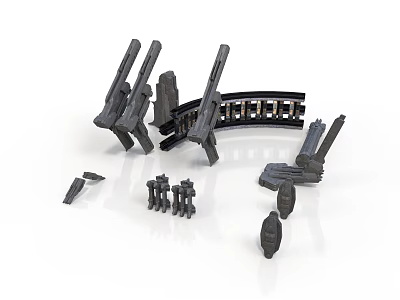 3D Black Train Model With Track And Spare Parts On White Background 3d model