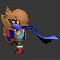 Man wearing orange knight armor holding orange sword and red blue shield with blue cape