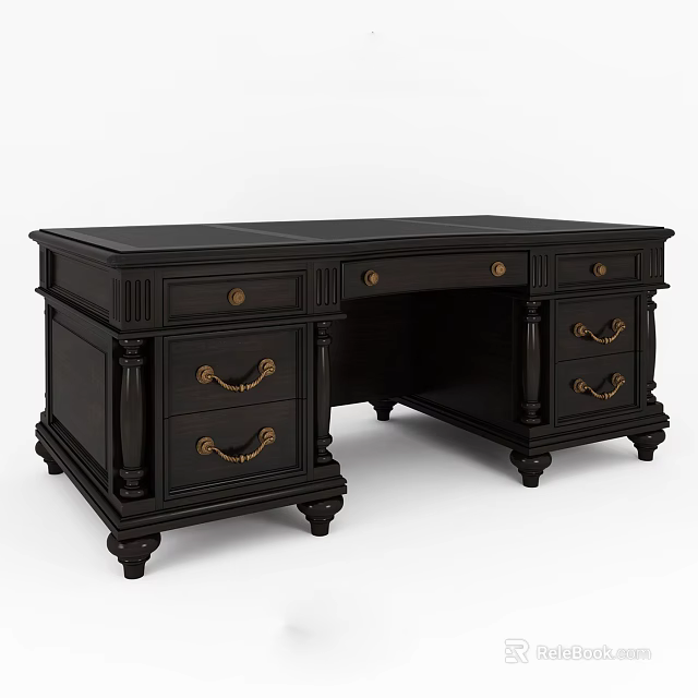 Traditional Black Wooden Desk With Gold Handles Carved Details And Column Accents 3d model 