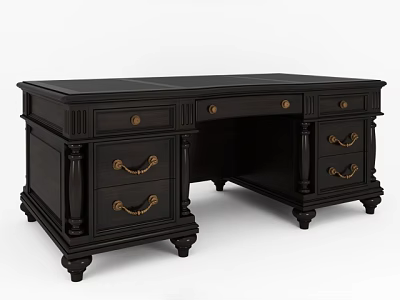 Traditional Black Wooden Desk With Gold Handles Carved Details And Column Accents 3d model