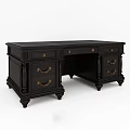 Traditional Black Wooden Desk With Gold Handles Carved Details And Column Accents