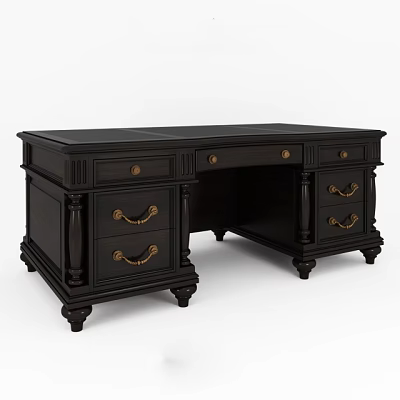 Traditional Black Wooden Desk With Gold Handles Carved Details And Column Accents 3d model