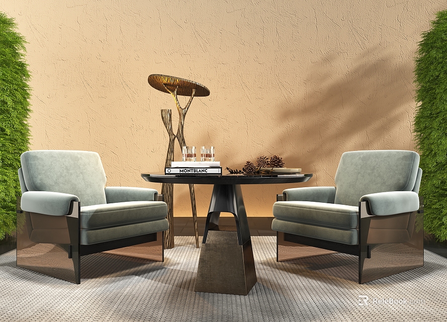 Light Gray Leisure Sofa Set With Two Armchairs Round Table Green Plants And Beige Wall 3d model 